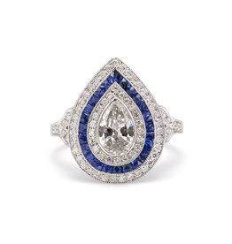 American Jewelry 14k White Gold .76ct E/SI2 GIA Pear Diamond with .69ctw Sapphire & .40ctw Diamond Ladies Ring (Size 6)