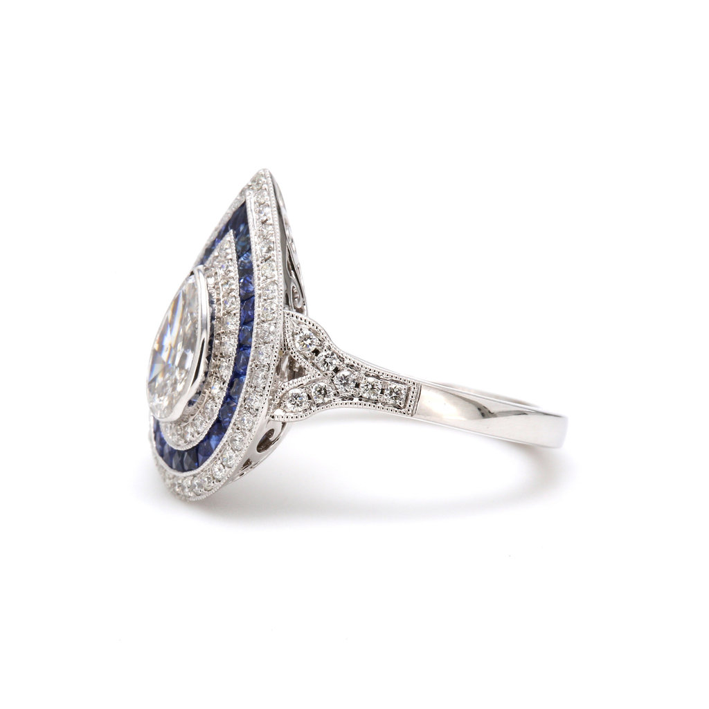 American Jewelry 14k White Gold .76ct E/SI2 GIA Pear Diamond with .69ctw Sapphire & .40ctw Diamond Ladies Ring (Size 6)