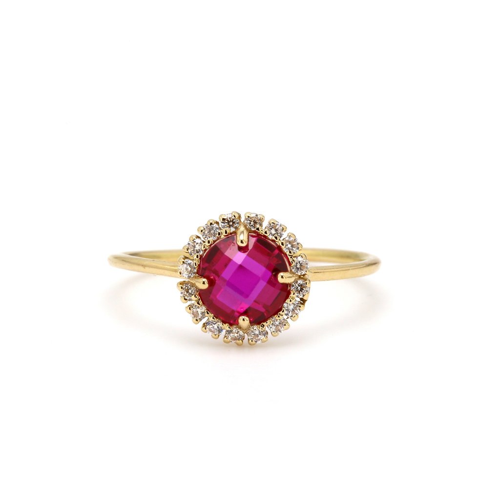 American Jewelry 14k Yellow Gold Created Ruby & Diamond Halo Ladies Ring (Size 6)