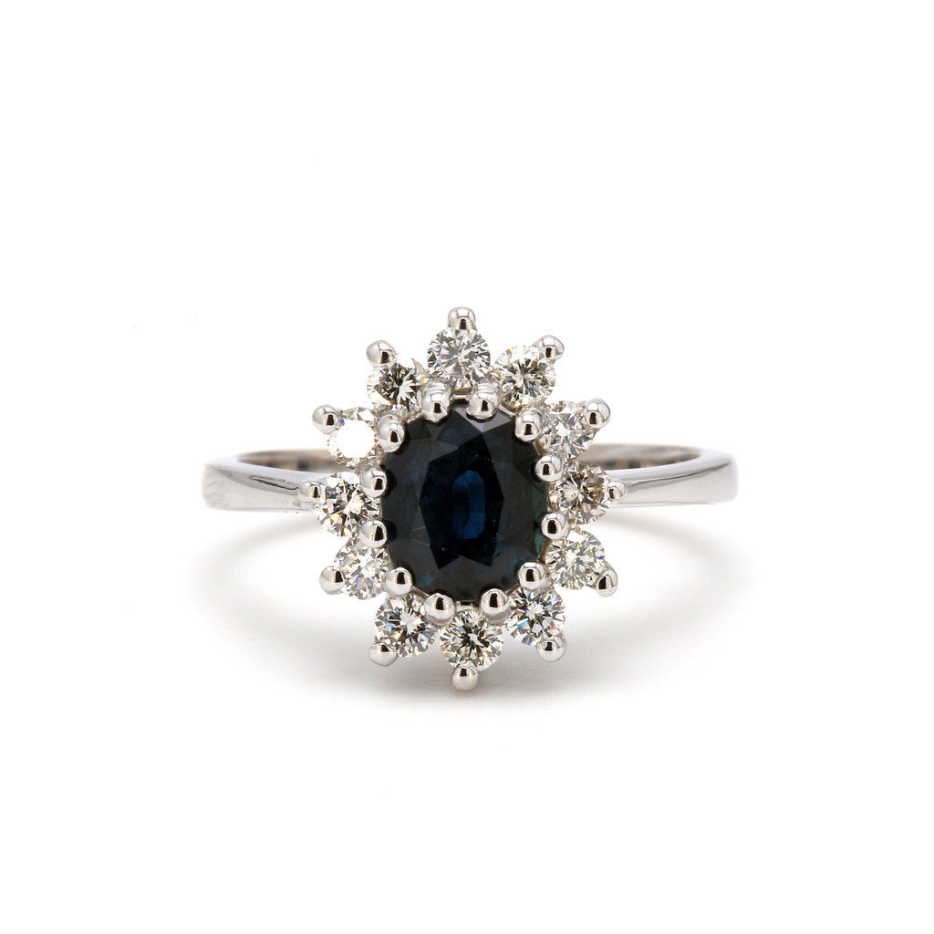 American Jewelry 14k White Gold Oval Blue Sapphire & 1/3ctw Diamond Halo Ladies Ring (Size 7)