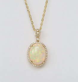 American Jewelry 18K Yellow Gold 12.24ct Opal & .47ctw Diamond Halo Necklace (18")