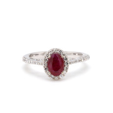 American Jewelry 14k White Gold .78ct Oval Ruby & .45ctw Diamond Halo Ladies Ring (Size 7)