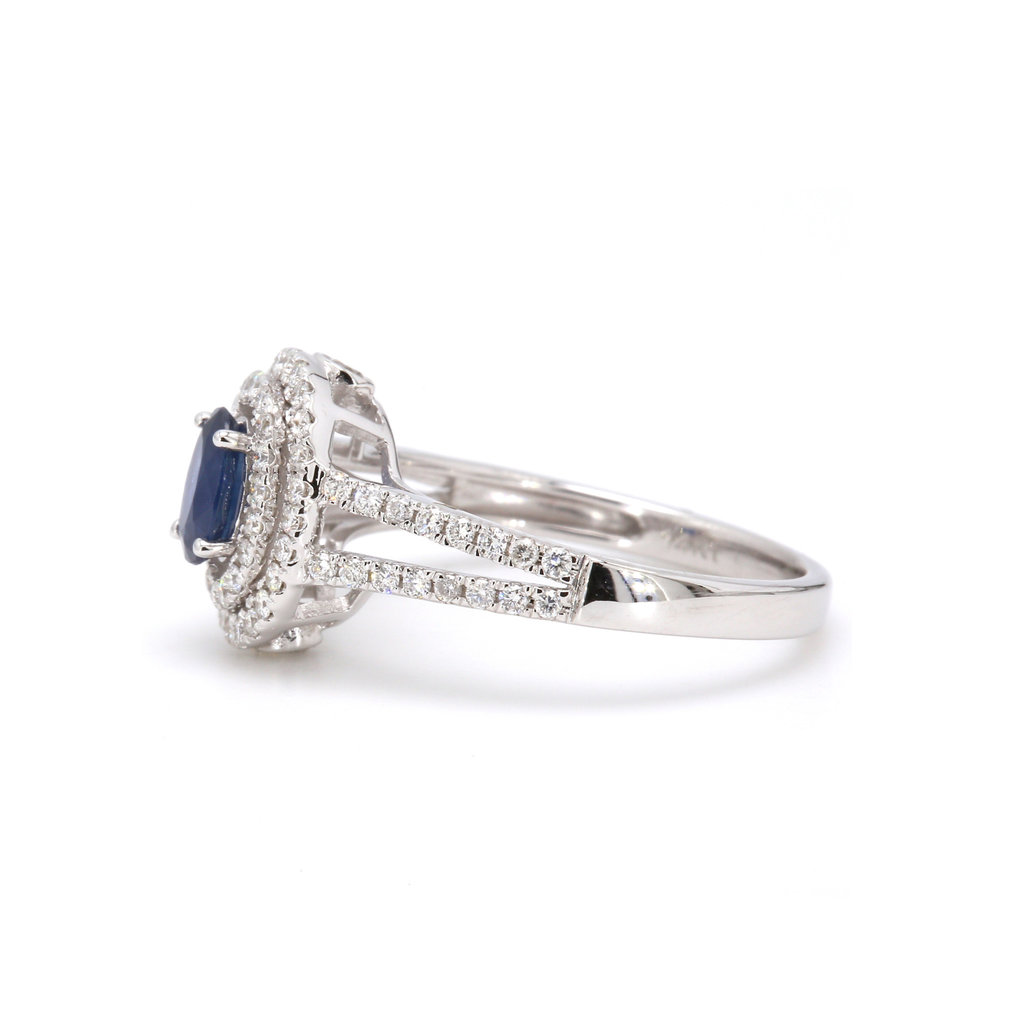 American Jewelry 14k White Gold .58ct Oval Blue Sapphire & .58ctw Diamond Double Halo Ladies Ring (Size 7)