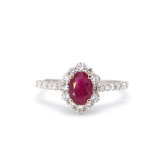American Jewelry 14k White Gold .84ct Oval Ruby & .64ctw Diamond Halo Ladies Ring (Size 6.75)