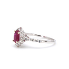 American Jewelry 14k White Gold .84ct Oval Ruby & .64ctw Diamond Halo Ladies Ring (Size 6.75)