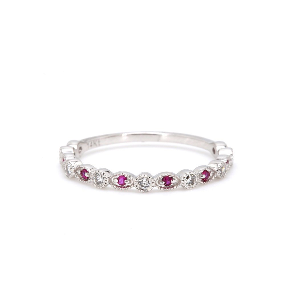 American Jewelry 14k White Gold .10ctw Ruby & .12ctw Diamond Stackable Ladies Band (Size 7)