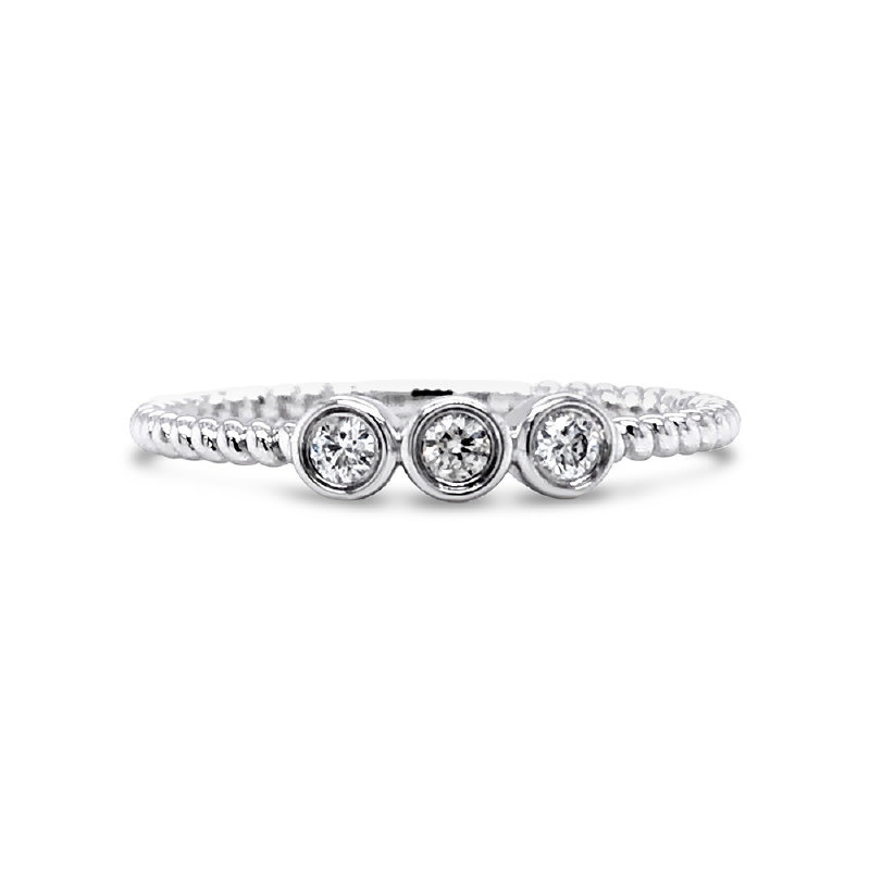 American Jewelry 14k White Gold .10ctw Diamond 3 Bezel Stackable Beaded Ladies Ring (Size 6.5)