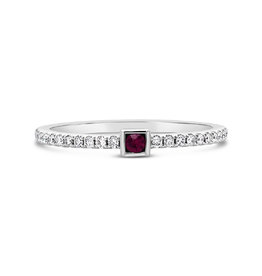 American Jewelry 14k White Gold .04ct Ruby & .13ctw Diamond Square Bezel Stackable Ladies Ring (Size 6.5)