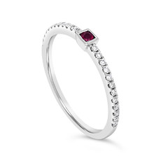 American Jewelry 14k White Gold .04ct Ruby & .13ctw Diamond Square Bezel Stackable Ladies Ring (Size 6.5)