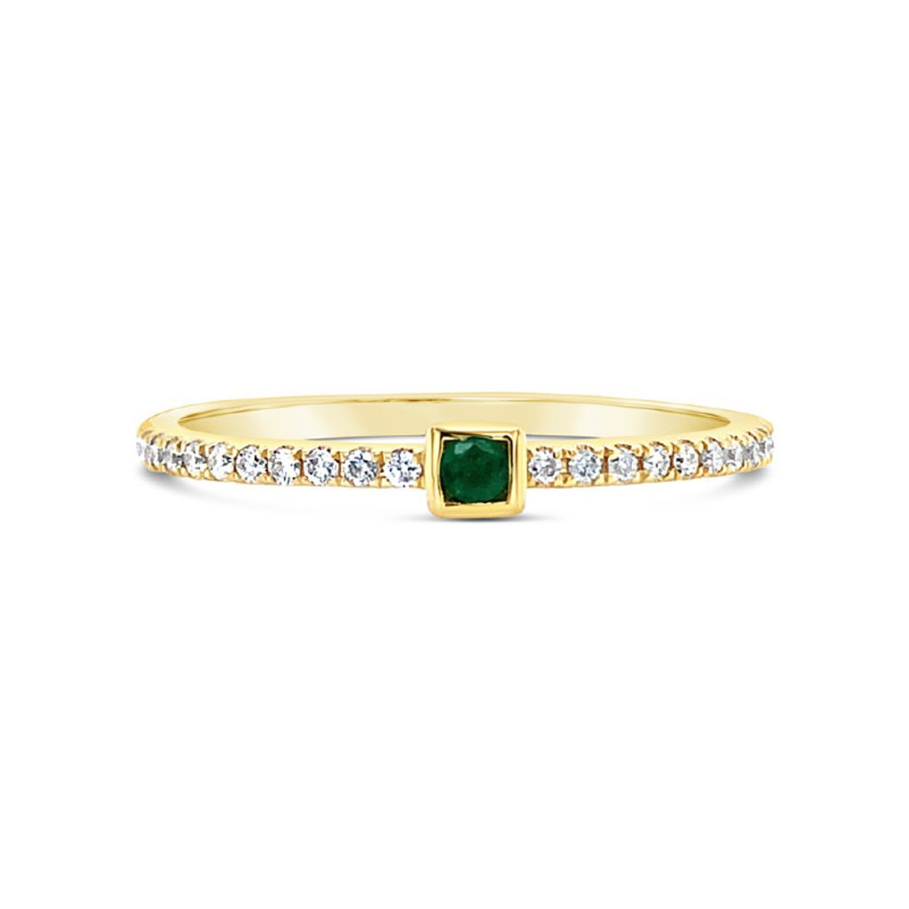 American Jewelry 14k Yellow Gold .05ct Emerald & .12ctw Diamond Square Bezel Stackable Ladies Ring (Size 6.5)