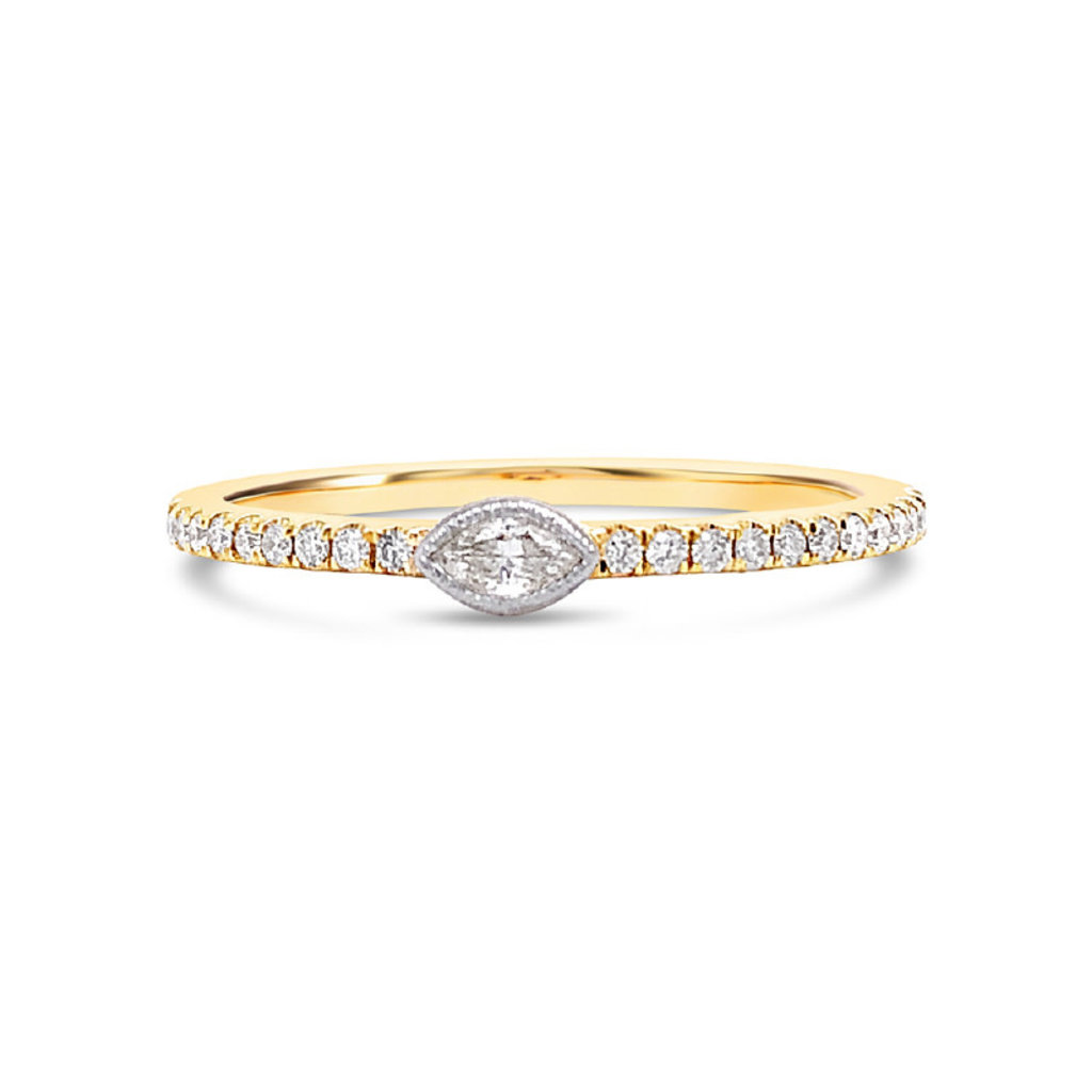American Jewelry 14k Yellow Gold .06ct Marquise & .12ctw Round Diamond Bezel Stackable Ladies Ring (Size 6.5)