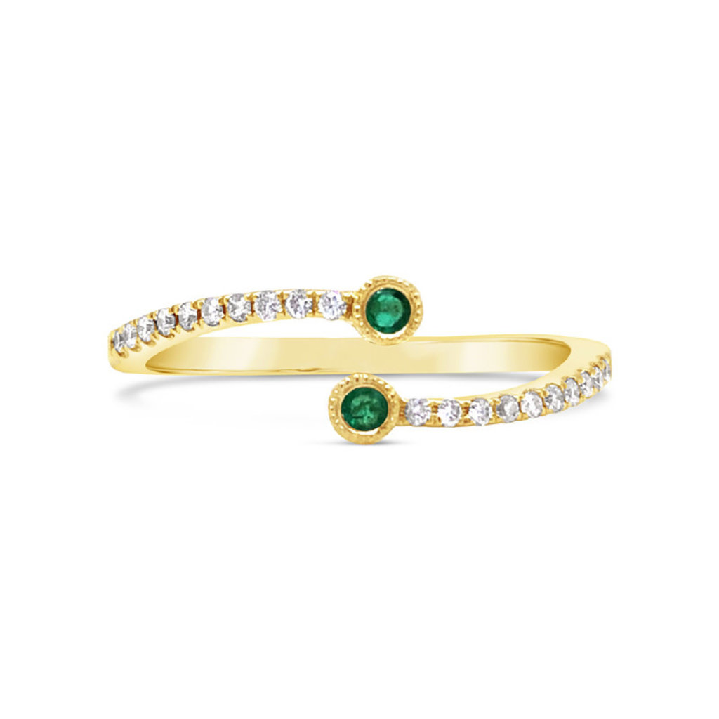 American Jewelry 14k Yellow Gold .04ctw Emerald & .10ctw Diamond Bezel Bypass Ladies Ring (Size 6.5)