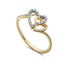 American Jewelry 14k Yellow Gold .08ctw Diamond Double Heart Ladies Ring (Size 6.5)