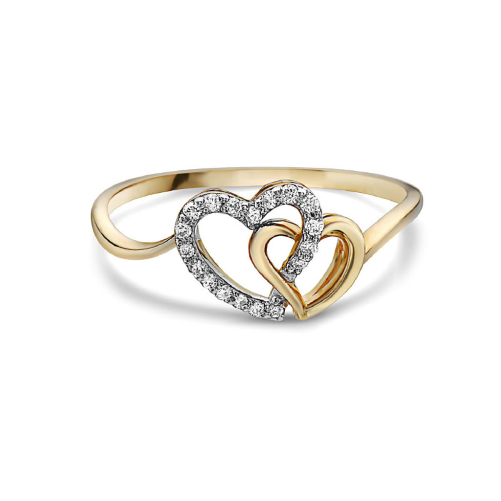 American Jewelry 14k Yellow Gold .08ctw Diamond Double Heart Ladies Ring (Size 6.5)