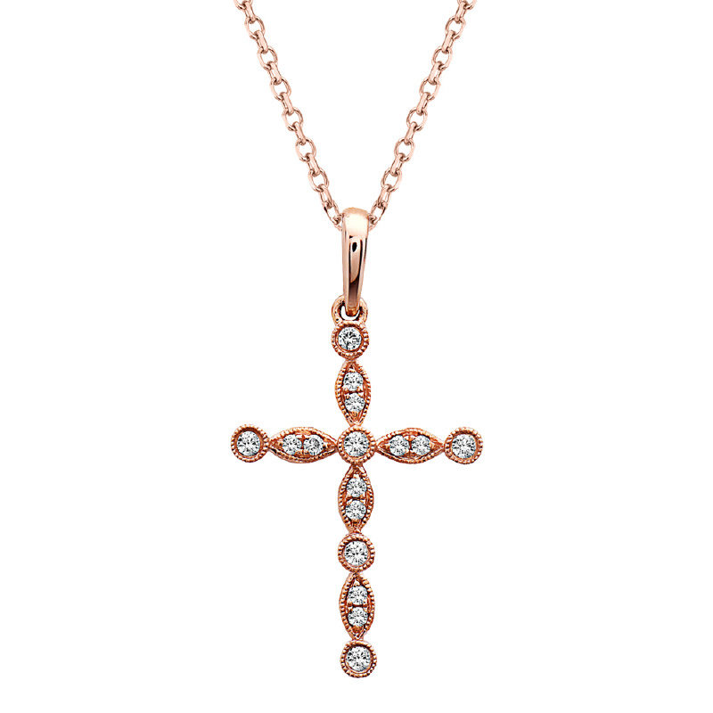 American Jewelry 14k Rose Gold .13ctw Diamond Milgrain Cross Pendant