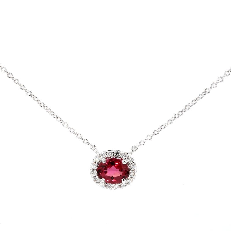 American Jewelry 14k White Gold .36ct Oval Pink Tourmaline & .06ctw Diamond Halo Pendant