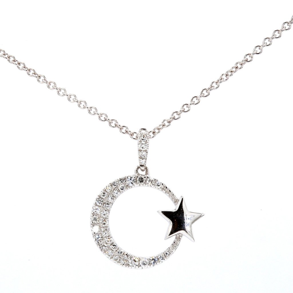 American Jewelry 14k White Gold .13ctw Pave' Diamond Moon & Star Pendant