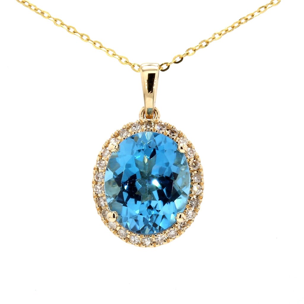 American Jewelry 14k Yellow Gold 5.3ct Oval Blue Topaz & .24ctw Diamond Halo Pendant