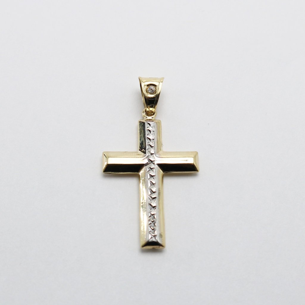 American Jewelry 14k Two-Tone  Diamond-Cut CZ Accent Cross Pendant