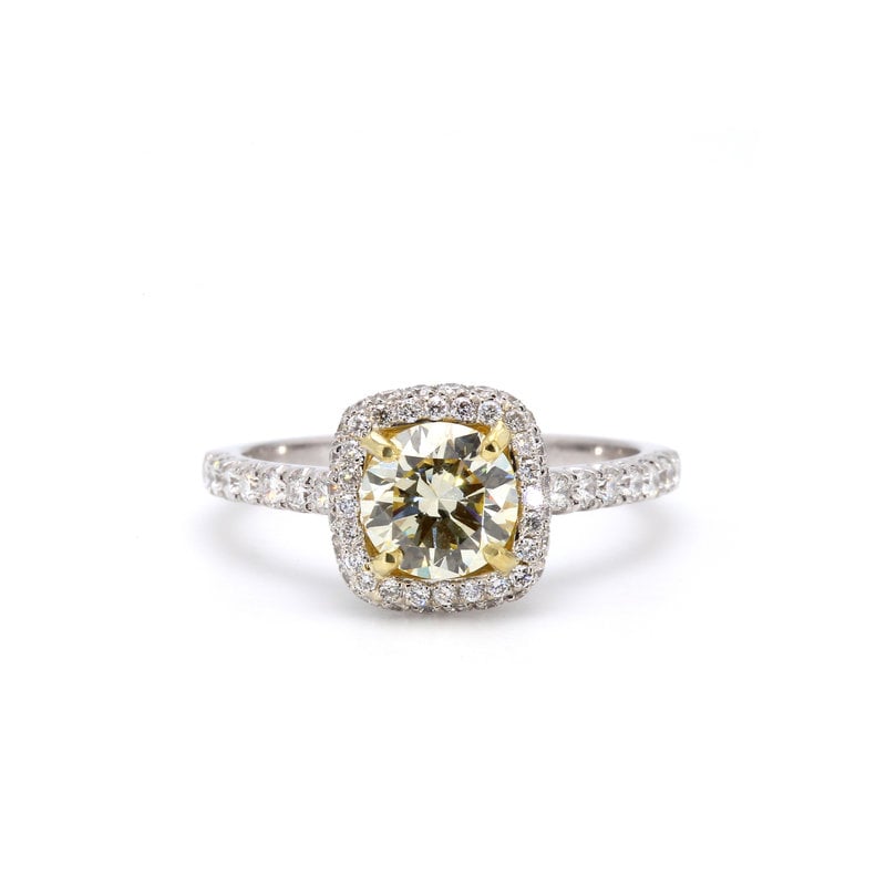 American Jewelry 18k White & Yellow Gold 1.53ctw (1.01ct Yellow Diamond Center) Pave' Halo Engagement Ring (Size 6.5)