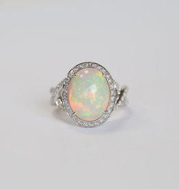 American Jewelry 14K White Gold 3.40ct Opal & .43ctw Diamond Halo Ring (Size 7)