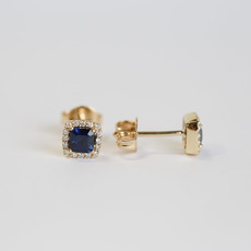 American Jewelry 14K Yellow Gold Cushion Sapphire & .12ctw Diamond Halo Stud Earrings