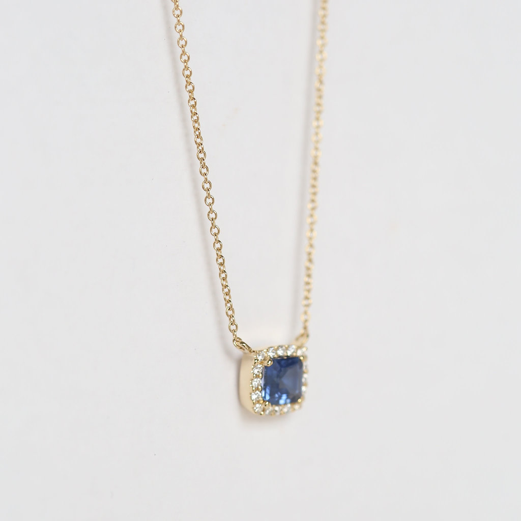 American Jewelry 14K Yellow Gold Cushion Sapphire & .06ctw Diamond Halo Necklace (16")