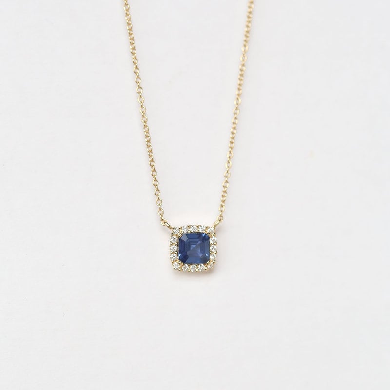 American Jewelry 14K Yellow Gold Cushion Sapphire & .06ctw Diamond Halo Necklace (16")