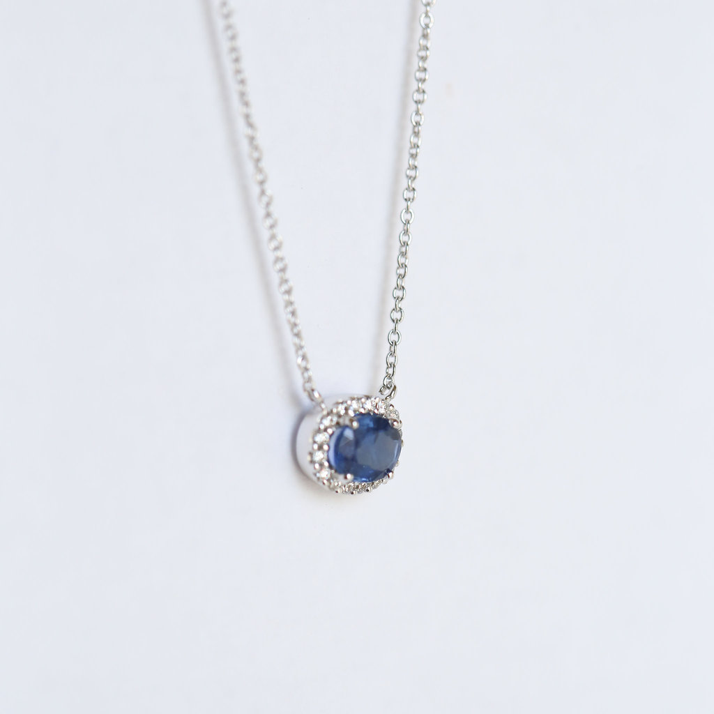 American Jewelry 14K Gold Oval Gemstone & .06ctw Diamond Halo Necklace (16")