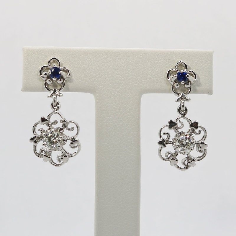 American Jewelry 14k White Gold .40ctw Round Sapphire & .66ctw Diamond Floral Dangle Earrings