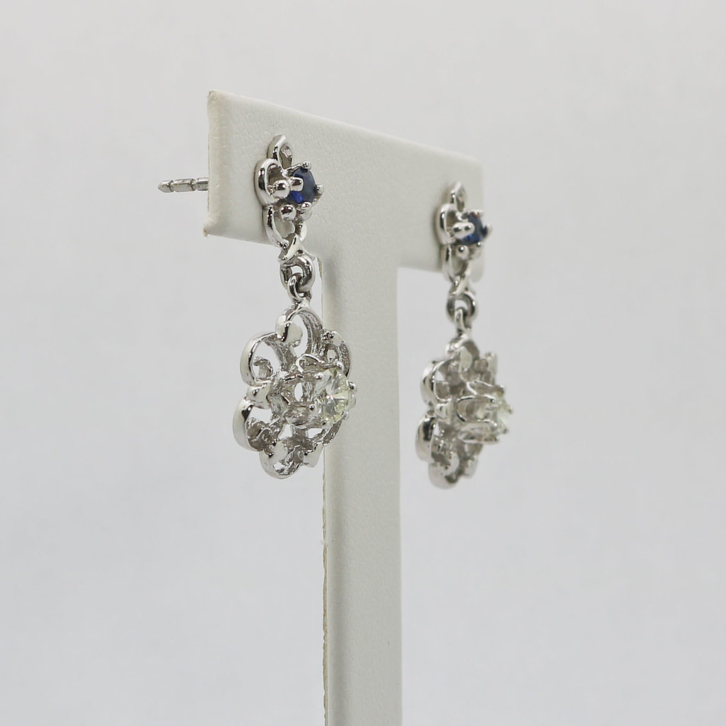 American Jewelry 14k White Gold .40ctw Round Sapphire & .66ctw Diamond Floral Dangle Earrings