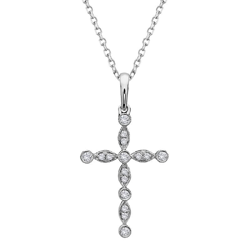 American Jewelry 14k White Gold .06ctw Diamond Milgrain Cross Pendant