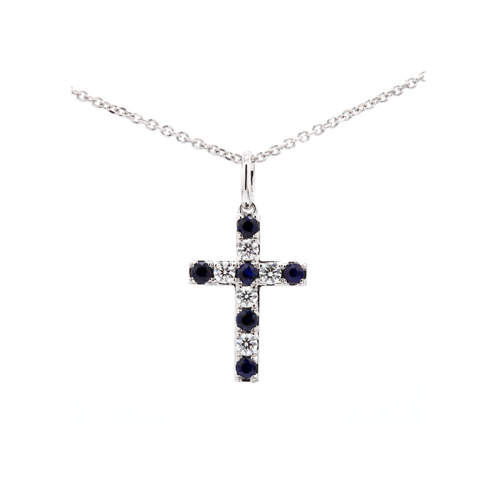 American Jewelry 14k White Gold .30ctw Blue Sapphire & .21ctw Diamond Cross Pendant