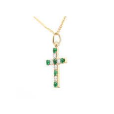 American Jewelry 14k Yellow Gold .25ctw Emerald & .22ctw Diamond Cross Pendant