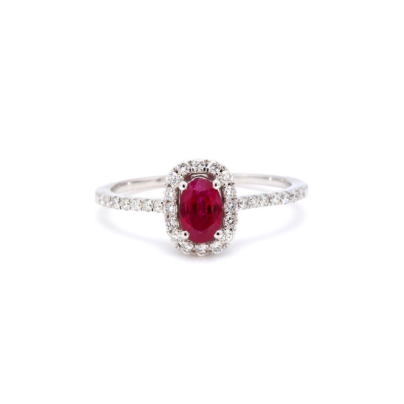 American Jewelry 14k White Gold .50ct Oval Ruby & .30ctw Diamond Halo Ladies Ring (Size 7)