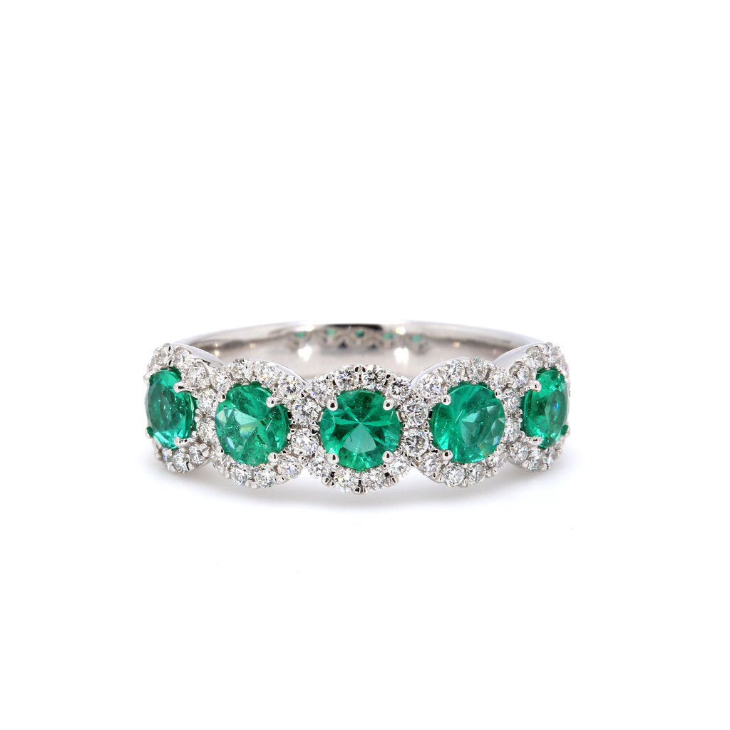 American Jewelry 14k White Gold 1.20ctw Emerald & .45ctw Diamond Halo Stackable Ladies Band (Size 7)