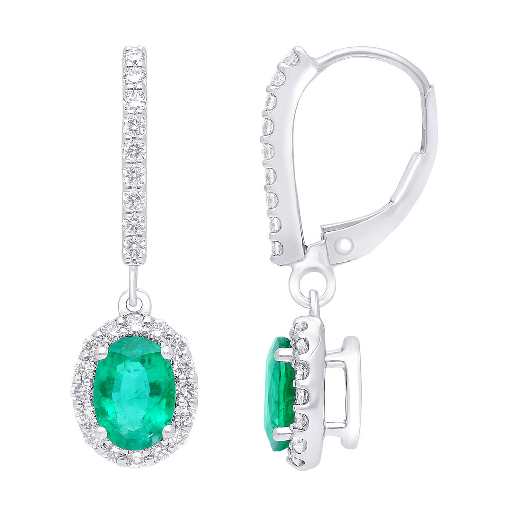 American Jewelry 14k White Gold 1.54ctw Emerald & .61ctw Diamond Halo Dangle Earrings