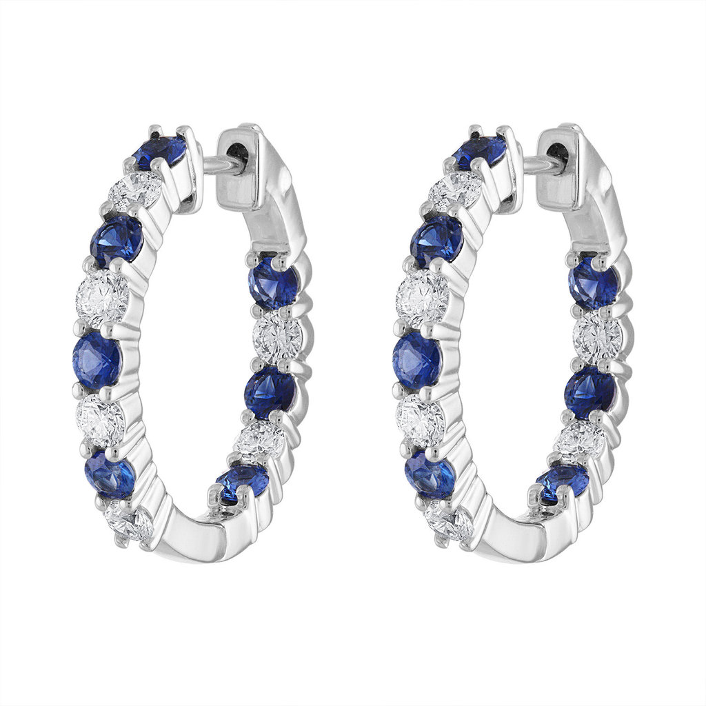 American Jewelry 14k White Gold 1.20ctw Blue Sapphire & .72ctw Diamond Inside / Out Hoop Earrings