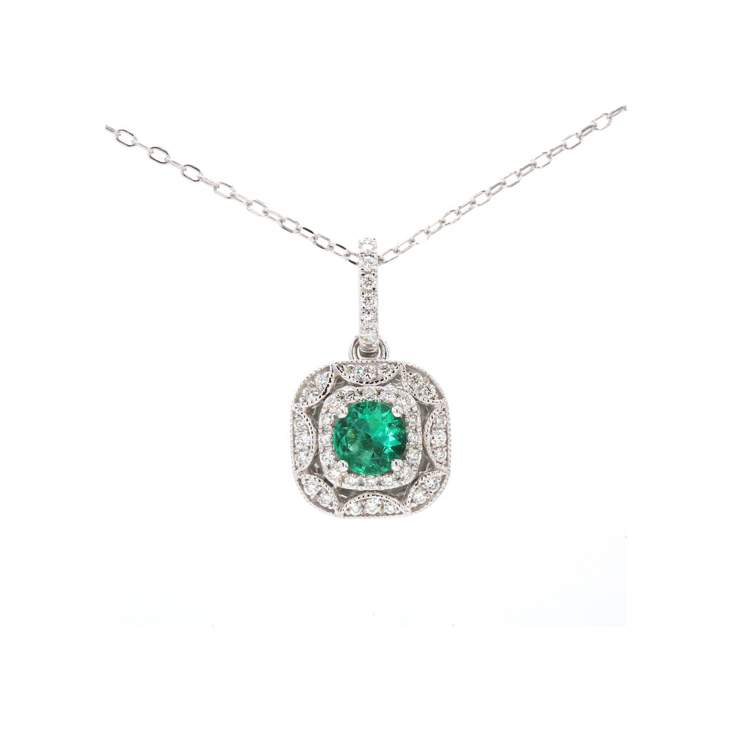 American Jewelry 14k White Gold .40ct Emerald & .22ctw Diamond Milgrain Pendant