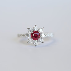 American Jewelry 18K White Gold .59ct Ruby & .86ctw Diamond Flower Halo Ring (Size 7)