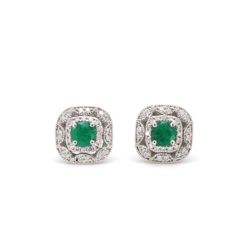 American Jewelry 14k White Gold .38ctw Emerald & .25ctw Diamond Milgrain Earrings