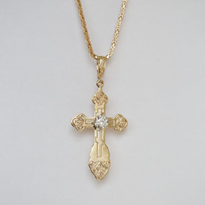 American Jewelry 14K Yellow Gold Estate Diamond Cross & Byzantine Chain ( 18")