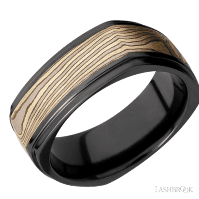 American Jewelry Lashbrook Black Zirconium Flat Square Band with Grooved Edges & Mokume Inlay (Size 9.5)