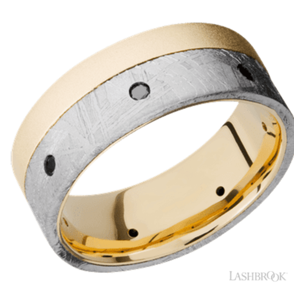 American Jewelry Lashbrook 18K Yellow Gold Flat Band with Meteorite Edge Inlay & Black Diamonds (Size 9.75)