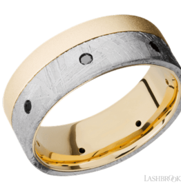 American Jewelry Lashbrook 18K Yellow Gold Flat Band with Meteorite Edge Inlay & Black Diamonds (Size 9.75)