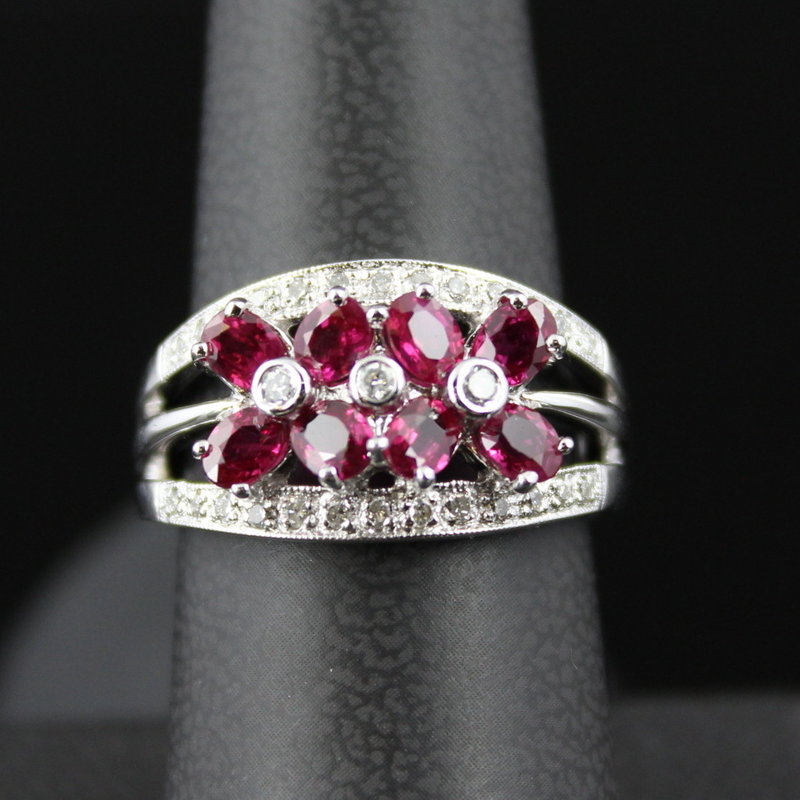 American Jewelry 14k White Gold .37ctw Diamond & 1.68ct Ruby Flower Band Ring