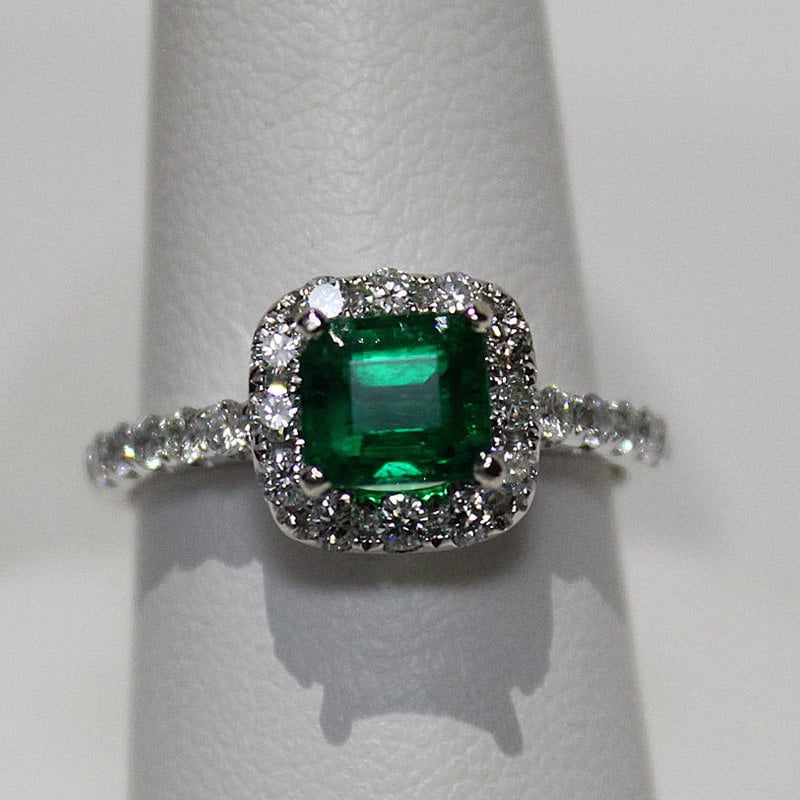 American Jewelry 18k White Gold 1.10ct Emerald & .58ctw Diamond Halo Ring