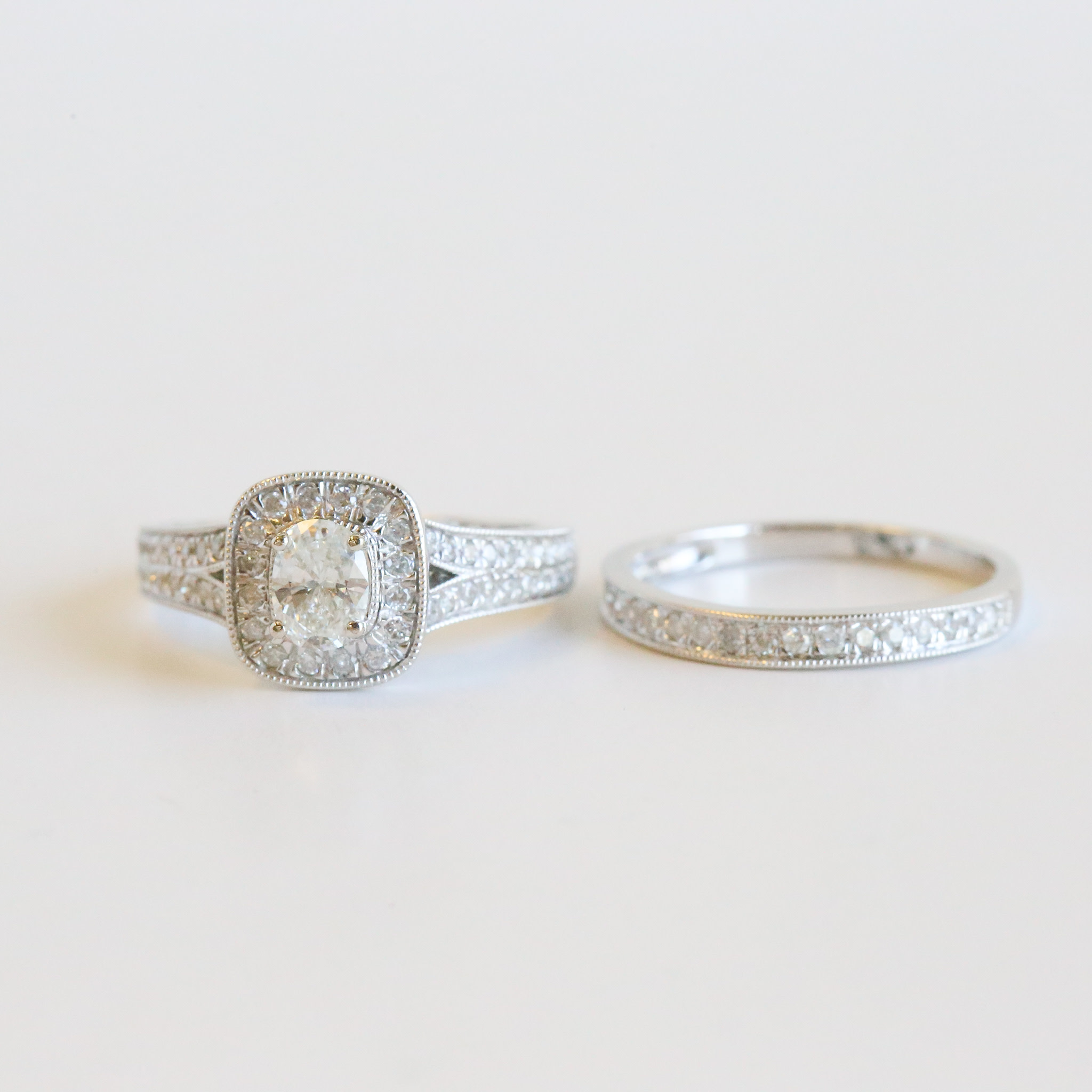 14k White Gold Approx 1ctw .50ct H SI2 Oval Center Diamond Cushion Halo Engagement Ring with Matching Wedding Band Size 7 American Jewelry