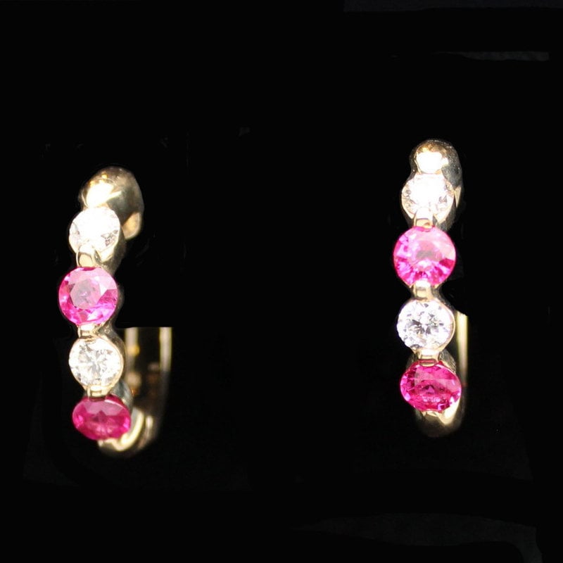 14k Yellow Gold .72ctw Diamond and 1.35ct Ruby Single Prong Hoop Earrings