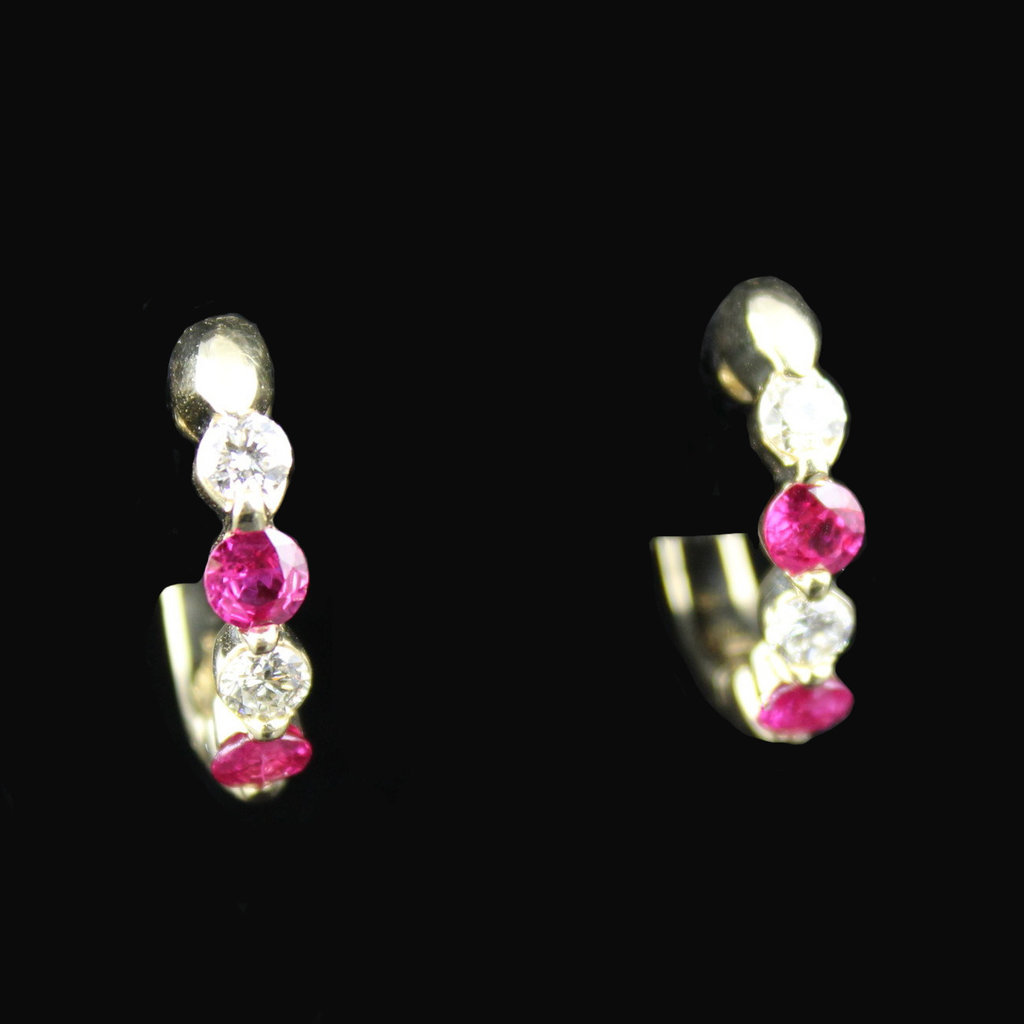 14k Yellow Gold .72ctw Diamond and 1.35ct Ruby Single Prong Hoop Earrings